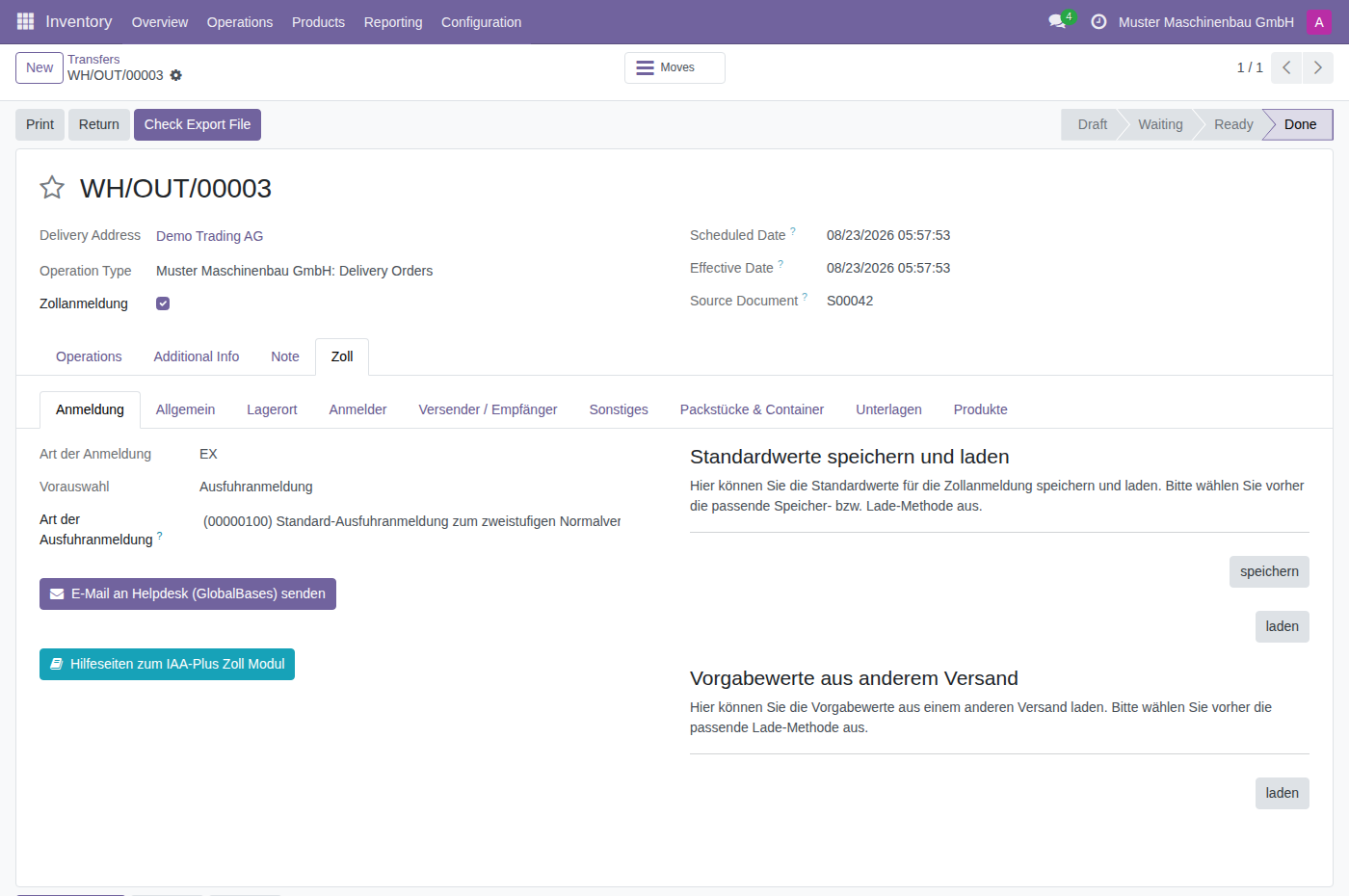 Completed delivery with the Zollanmeldung checkbox ticked, the Check Export File button and the Zoll tab open