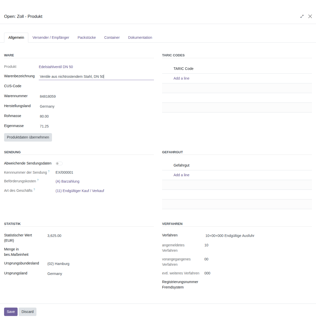 Goods item form with the Ware, TARIC Codes, Sendung, Gefahrgut, Statistik and Verfahren areas
