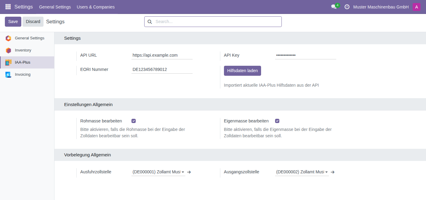 IAA-Plus settings section with the Settings, Einstellungen Allgemein and Vorbelegung Allgemein blocks