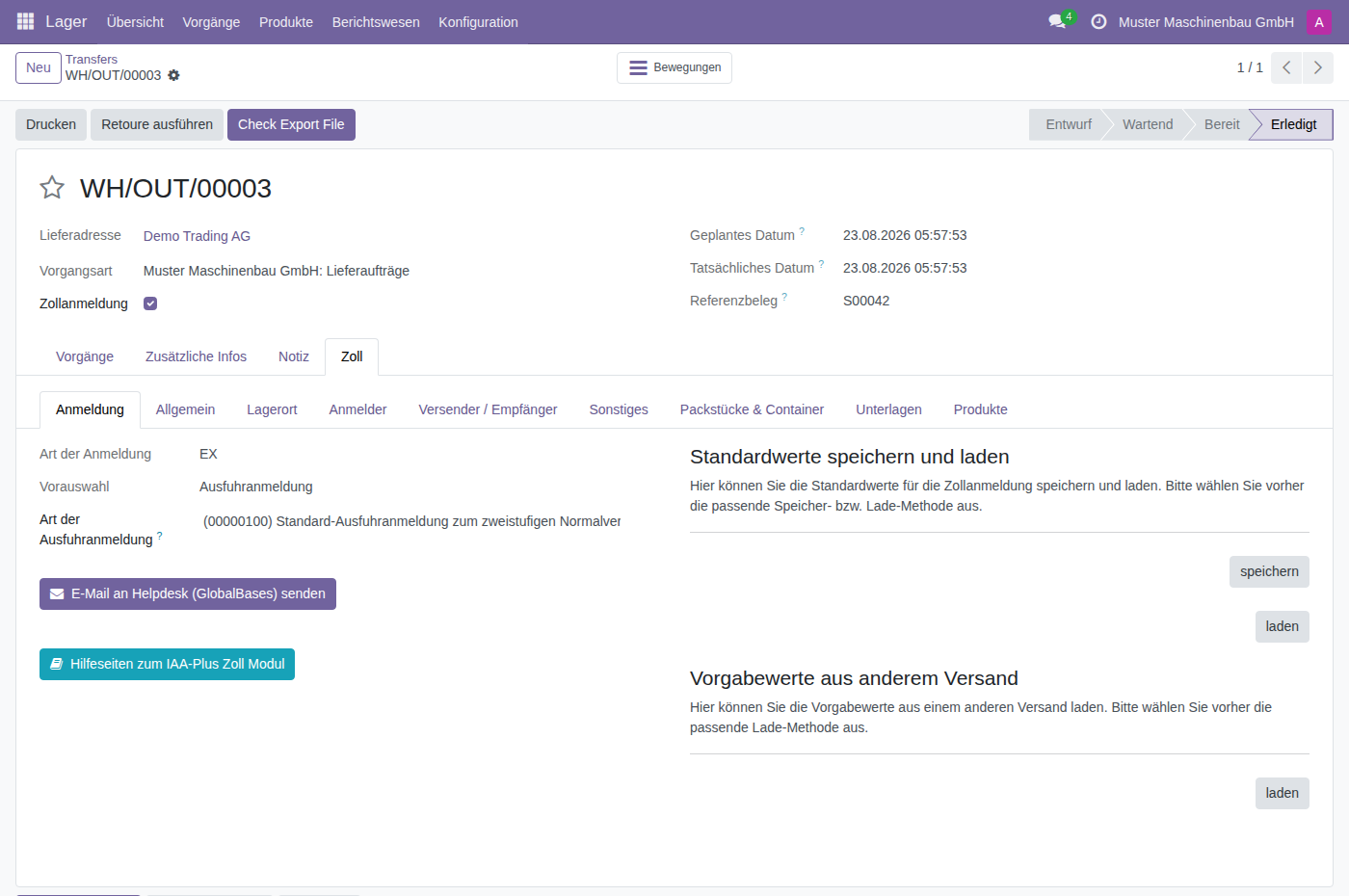 Erledigte Lieferung mit gesetztem Kennzeichen „Zollanmeldung", der Schaltfläche „Check Export File" und dem geöffneten Reiter „Zoll"