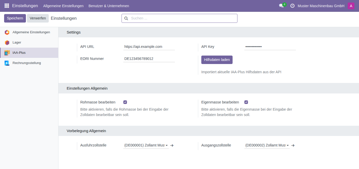 Einstellungsbereich IAA-Plus mit den Blöcken Settings, Einstellungen Allgemein und Vorbelegung Allgemein