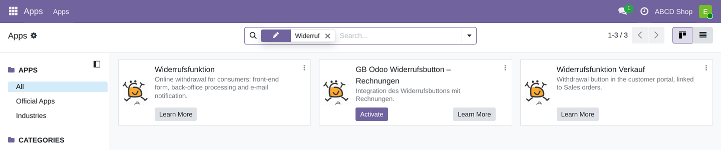 The app list filtered on "Widerruf": Widerrufsfunktion, Widerrufsfunktion Verkauf, and GB Odoo Widerrufsbutton – Rechnungen