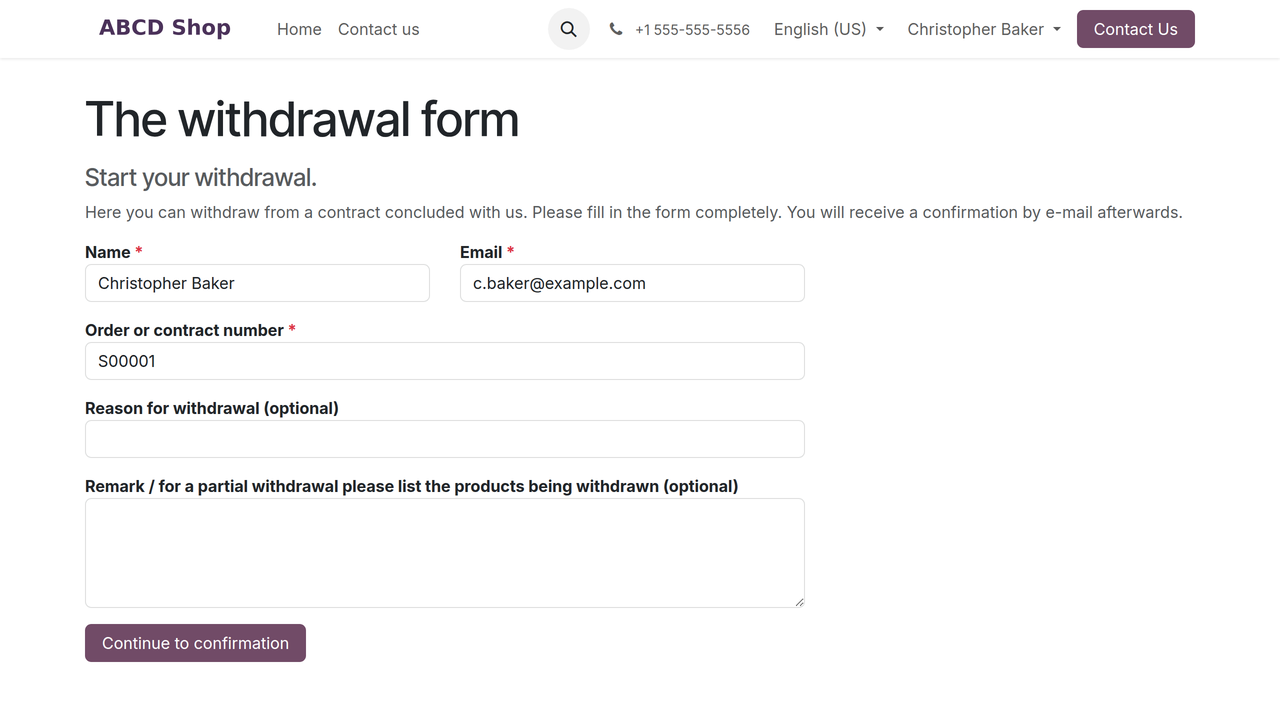 The withdrawal form with name, email, and order number already filled in