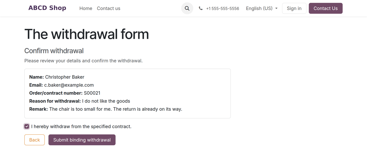 Step 2 with the mandatory checkbox ticked — the "Submit binding withdrawal" button is now active