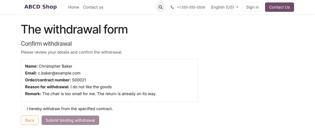 Step 2: the details shown for review, with the mandatory checkbox below