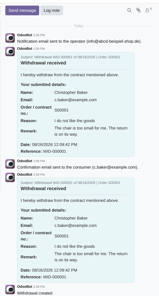 The history with the logged confirmation emails to the consumer and the company