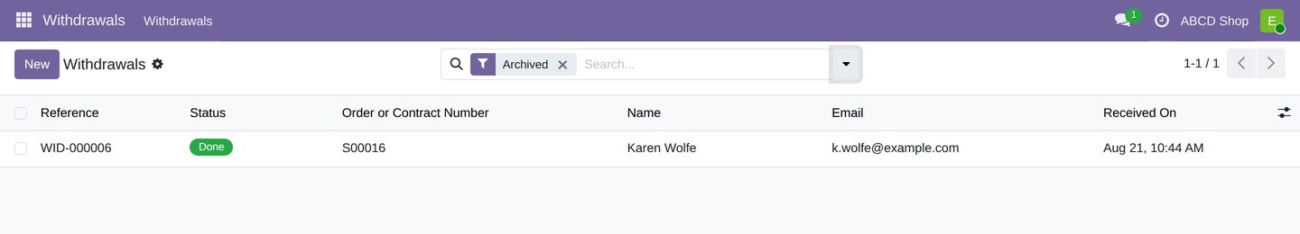 The list with the "Archived" filter set and one archived case