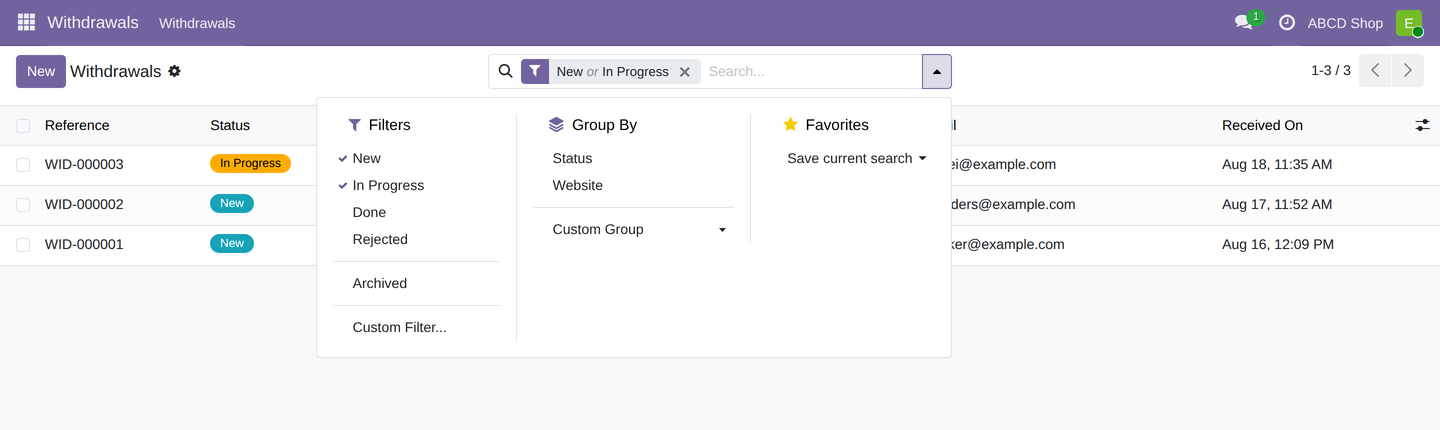 The opened menu with the filters New, In Progress, Done, Rejected, Archived and the groupings Status and Website