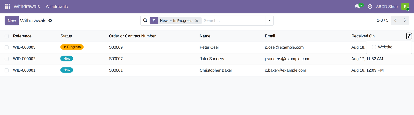 The column picker above the list on the right, with the optional "Website" column