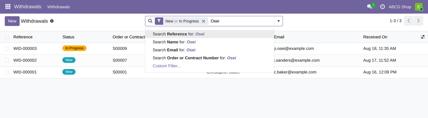 The search bar with the suggestions Reference, Name, Email, and Order or Contract Number