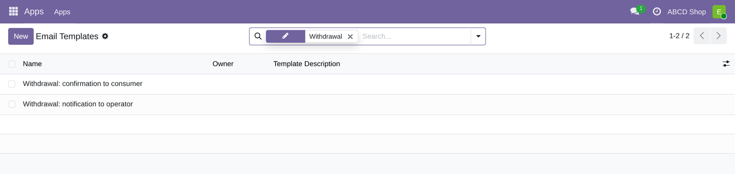 The two email templates "Withdrawal: confirmation to consumer" and "Withdrawal: notification to operator"
