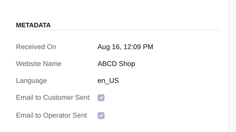 The "Metadata" section with date received, website, language, and the two email checkmarks