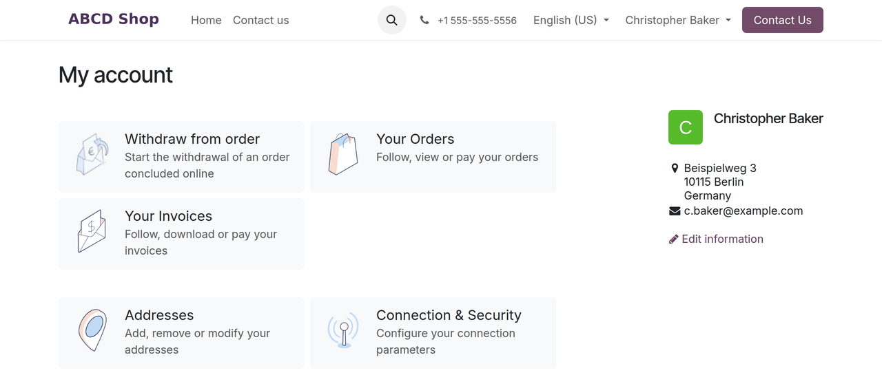 Customer account home page with the "Withdraw from order" tile