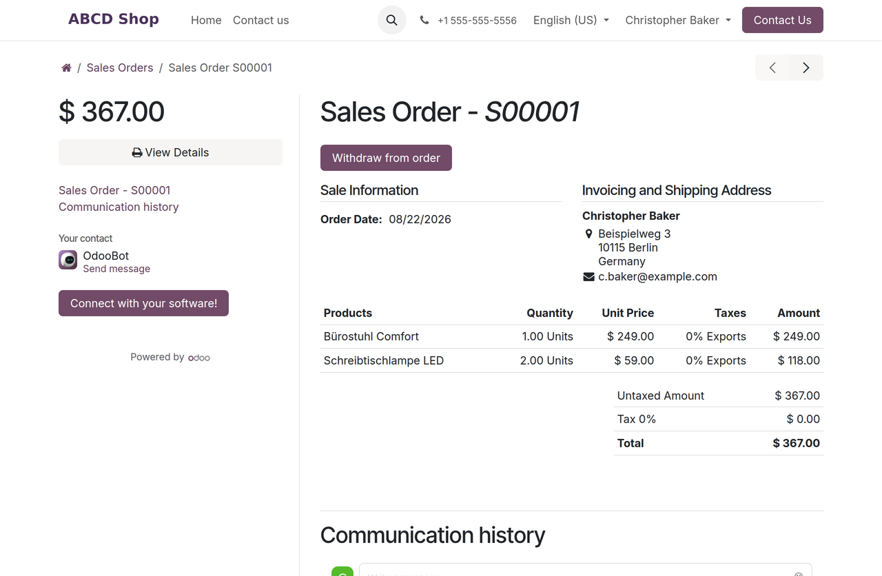 Order detail page with the "Withdraw from order" button in the header area