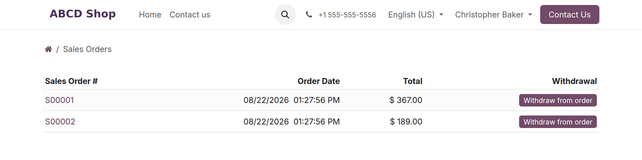 Order overview with the "Withdrawal" column and one button per order