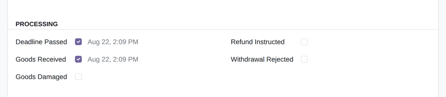 The "Deadline Passed" and "Goods Received" boxes ticked with timestamps, status "In Progress"