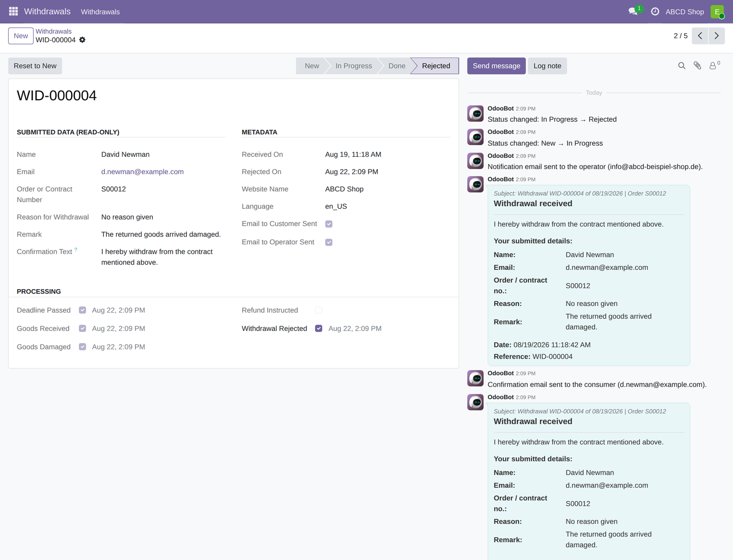 A rejected withdrawal: status "Rejected", the remaining boxes stay ticked and are locked