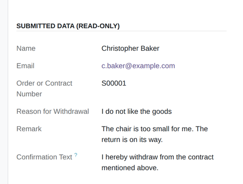 The "Submitted Data (read-only)" section with name, email, order number, reason, remark, and confirmation text