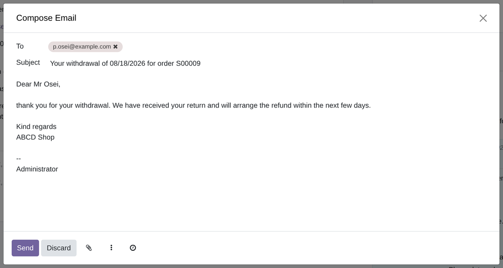 The full email editor with the recipient and subject prefilled