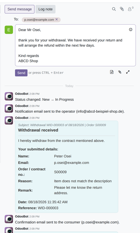 The message editor in the history, with the recipient prefilled