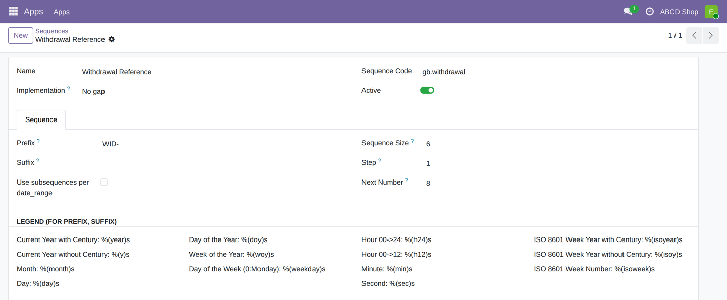 The "Withdrawal Reference" sequence with code gb.withdrawal, prefix WID-, sequence size 6, and implementation "No gap"