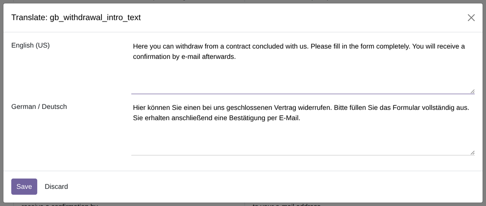 The translation dialog of a text field, with one field each for English and German