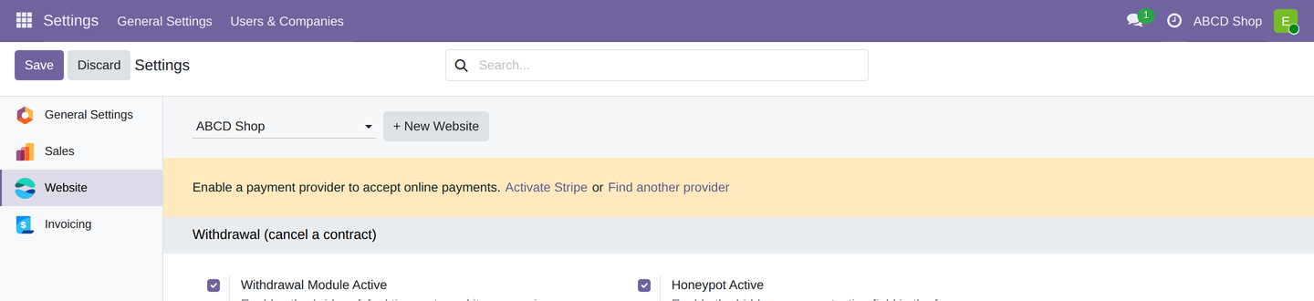 The website picker at the top of the Website settings section