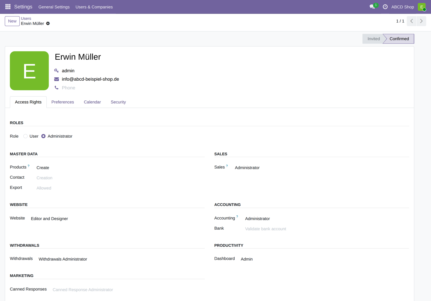 User form, "Access Rights" tab, showing the "WITHDRAWALS" section and the "Withdrawals" field