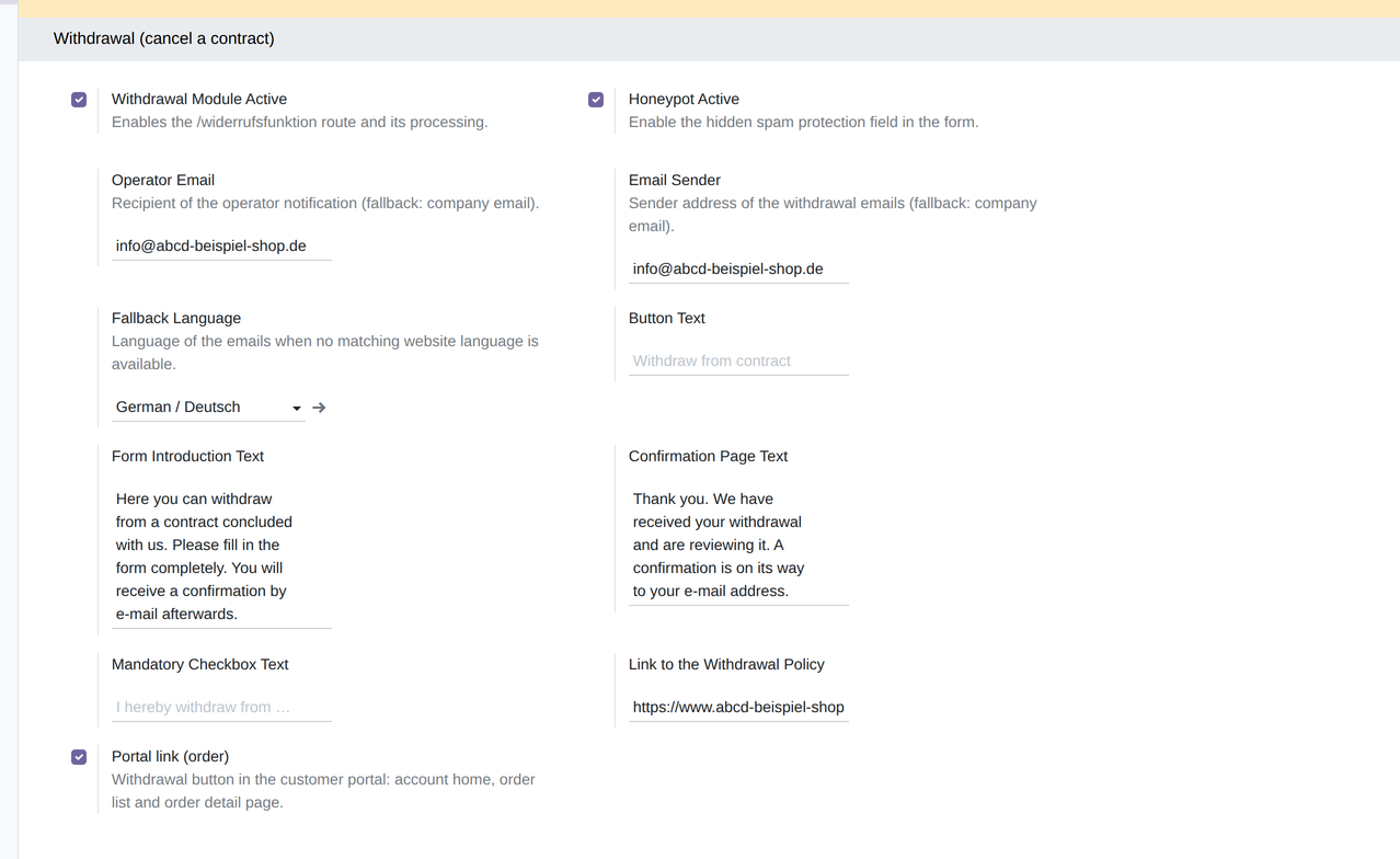 The settings block "Withdrawal (cancel a contract)" with all its fields