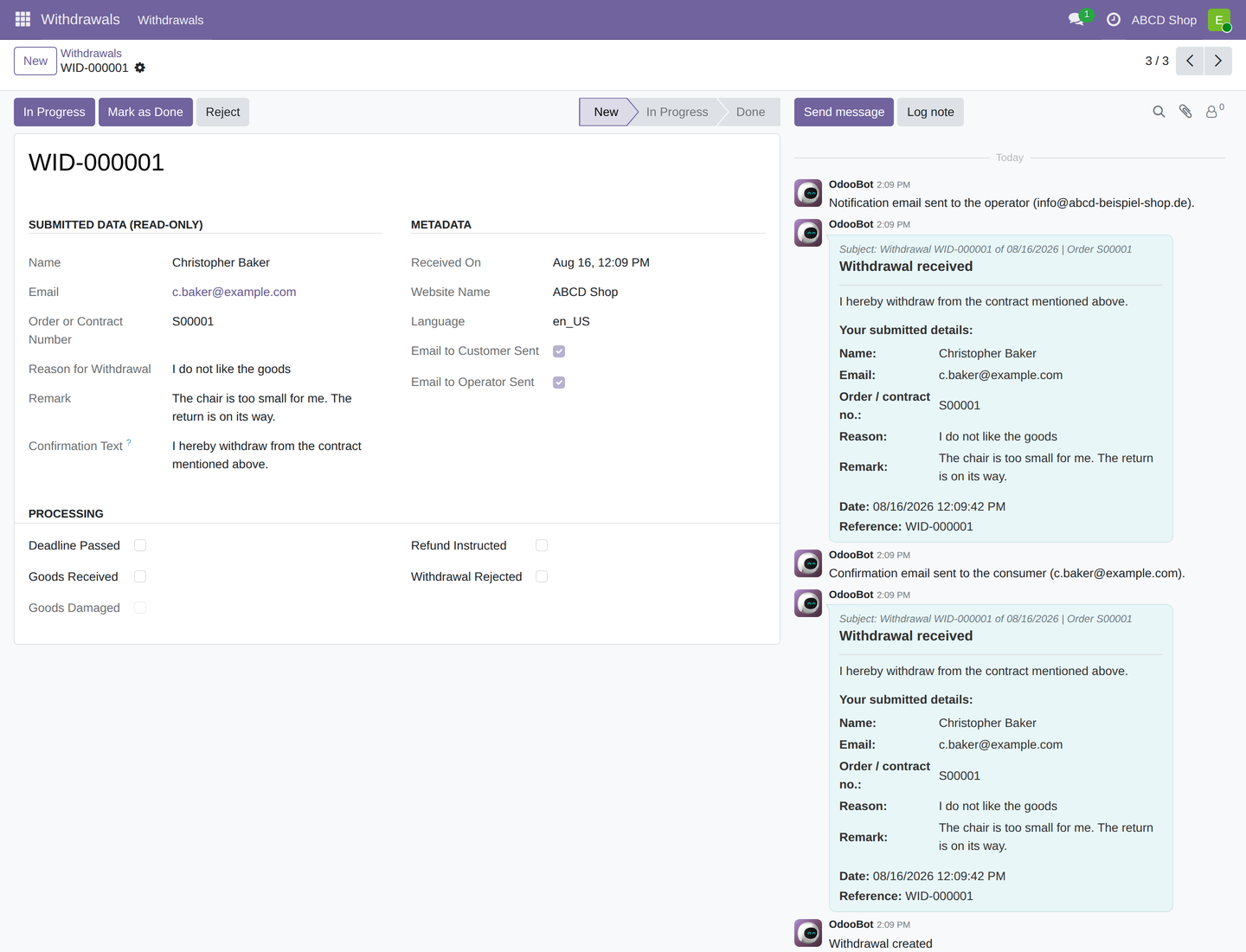 An opened withdrawal with status bar, reported details, metadata, and processing area