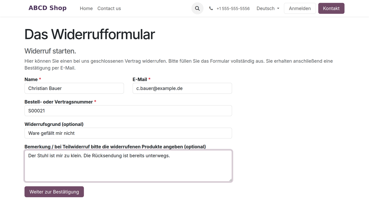 Schritt 1: die Eingabemaske mit Name, E-Mail und Bestellnummer