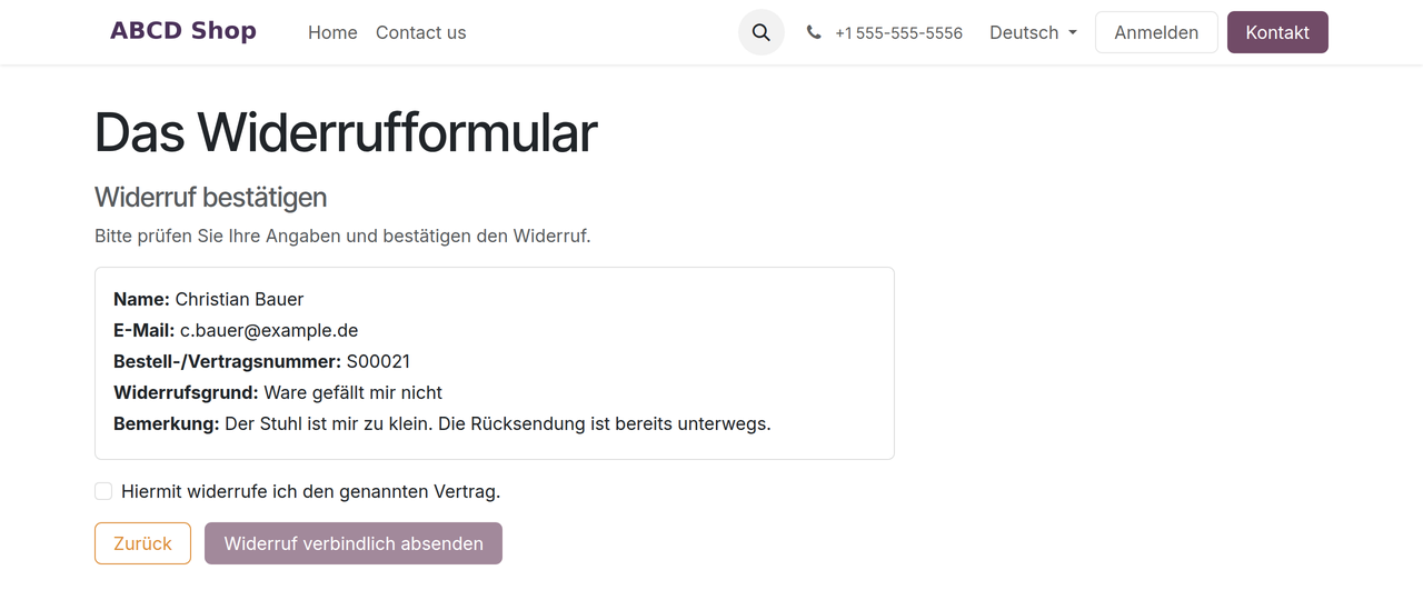 Schritt 2: die Angaben werden zur Prüfung angezeigt, darunter die Pflichtcheckbox