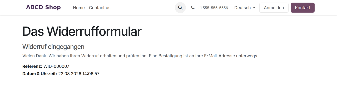 Schritt 3: die Bestätigungsseite mit der Vorgangsnummer