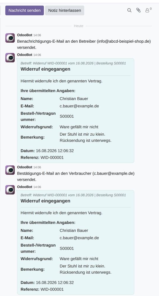 Der Verlauf mit den protokollierten Eingangs-E-Mails an Kunde und Betrieb
