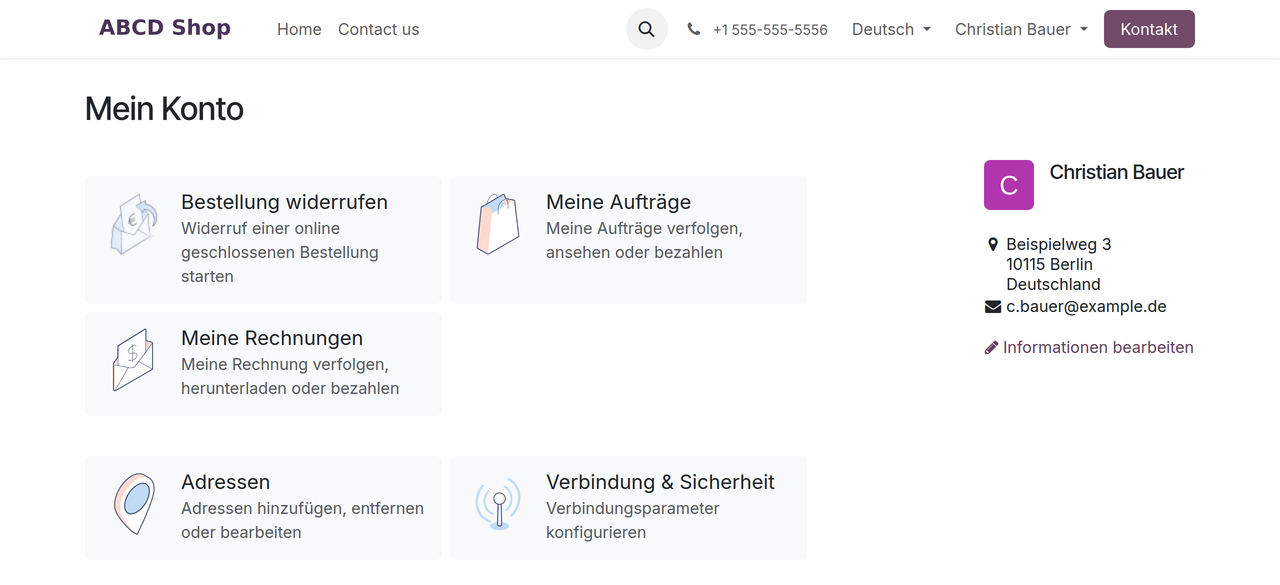 Startseite des Kundenkontos mit der Kachel „Bestellung widerrufen"