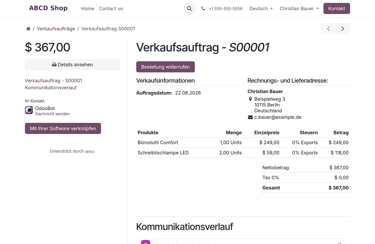 Bestelldetailseite mit der Schaltfläche „Bestellung widerrufen" im Kopfbereich