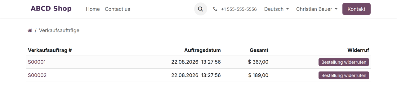 Bestellübersicht mit der Spalte „Widerruf" und einer Schaltfläche je Bestellung