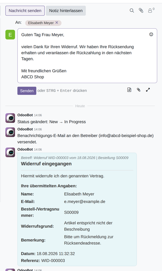 Der E-Mail-Editor mit vorbelegtem Empfänger und Betreff