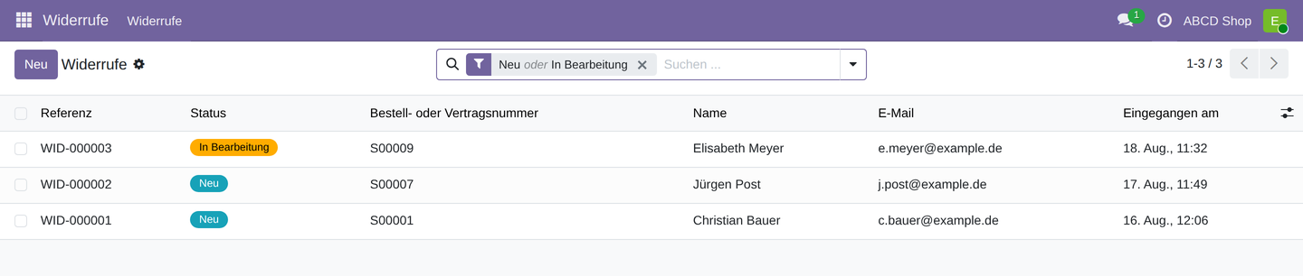 Die Widerrufsliste mit den Spalten Referenz, Status, Bestell- oder Vertragsnummer, Name, E-Mail und Eingegangen am